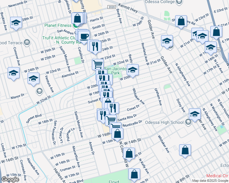 map of restaurants, bars, coffee shops, grocery stores, and more near 1211 West 19th Street in Odessa
