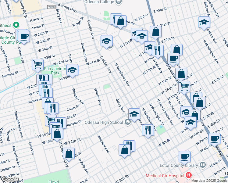 map of restaurants, bars, coffee shops, grocery stores, and more near 799 West 17th Street in Odessa