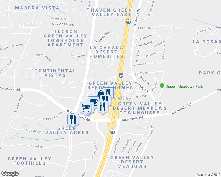 map of restaurants, bars, coffee shops, grocery stores, and more near 1049 South Calle De Las Casitas in Green Valley