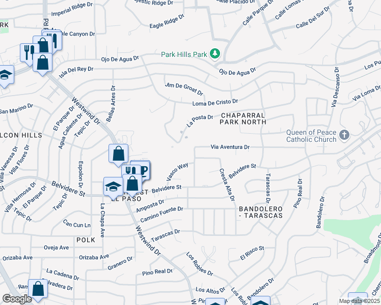 map of restaurants, bars, coffee shops, grocery stores, and more near 6429 Via Aventura Drive in El Paso