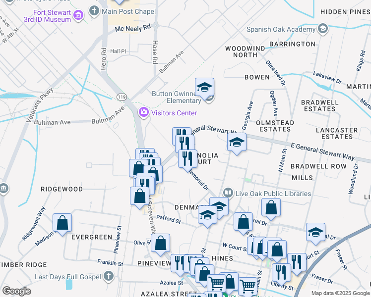 map of restaurants, bars, coffee shops, grocery stores, and more near 106 Magnolia Plantation Court in Hinesville