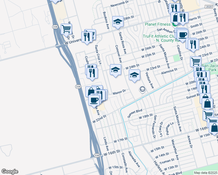 map of restaurants, bars, coffee shops, grocery stores, and more near 2416 Santa Cruz Lane in Odessa