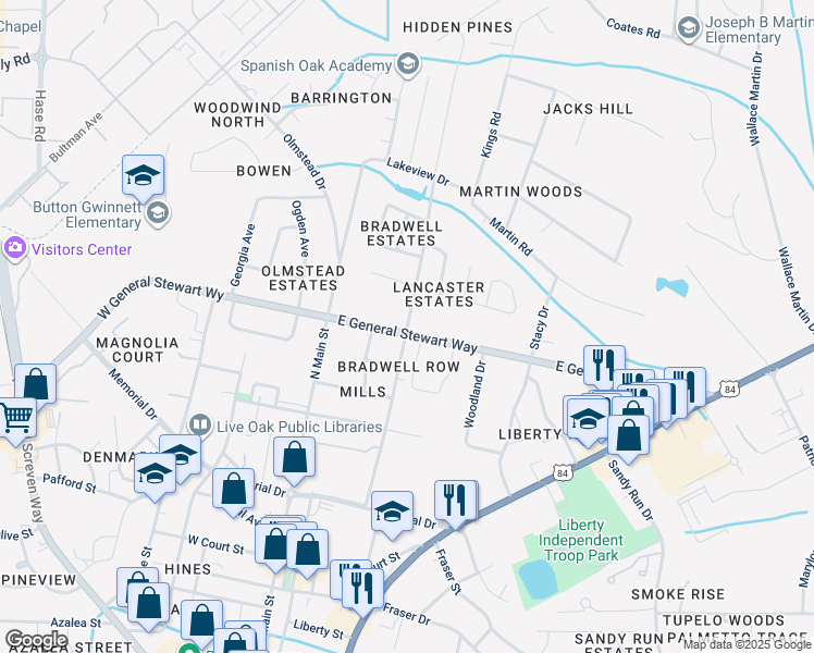 map of restaurants, bars, coffee shops, grocery stores, and more near 602 Bradwell Street in Hinesville