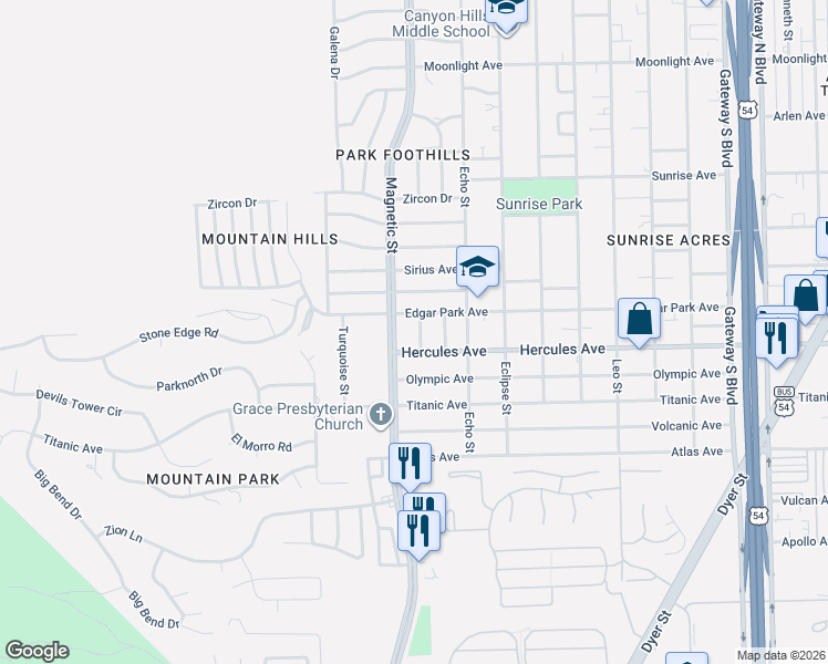 map of restaurants, bars, coffee shops, grocery stores, and more near 8305 Solar Place in El Paso