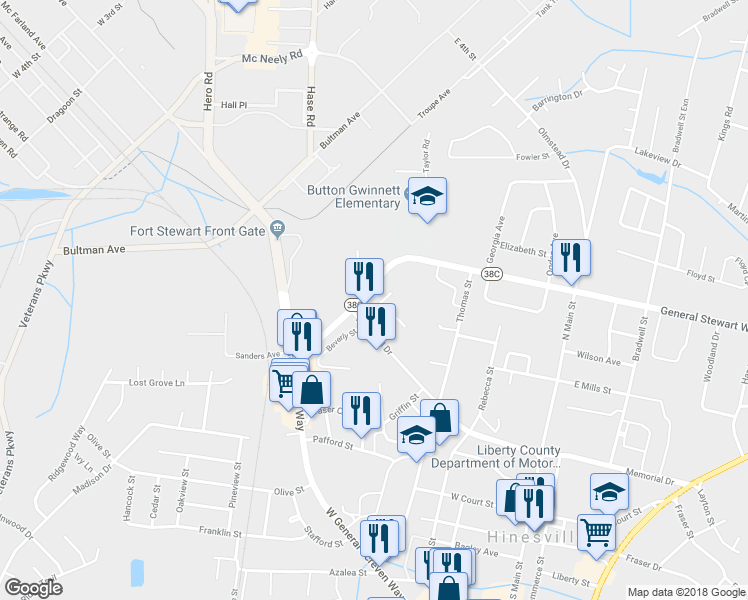 map of restaurants, bars, coffee shops, grocery stores, and more near 106 Magnolia Plantation Court in Hinesville