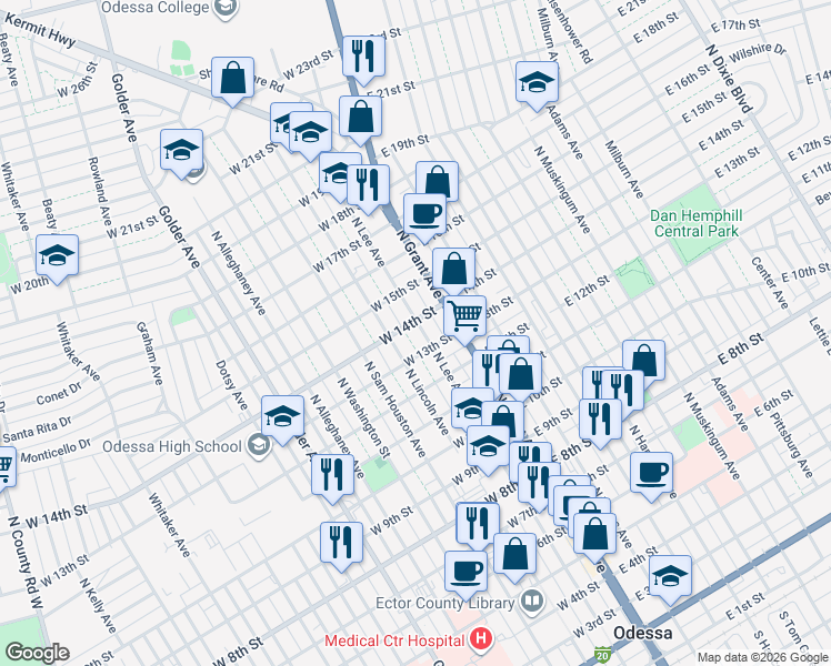 map of restaurants, bars, coffee shops, grocery stores, and more near 1313 North Lee Avenue in Odessa