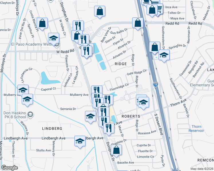 map of restaurants, bars, coffee shops, grocery stores, and more near 5424 Thornridge Circle in El Paso
