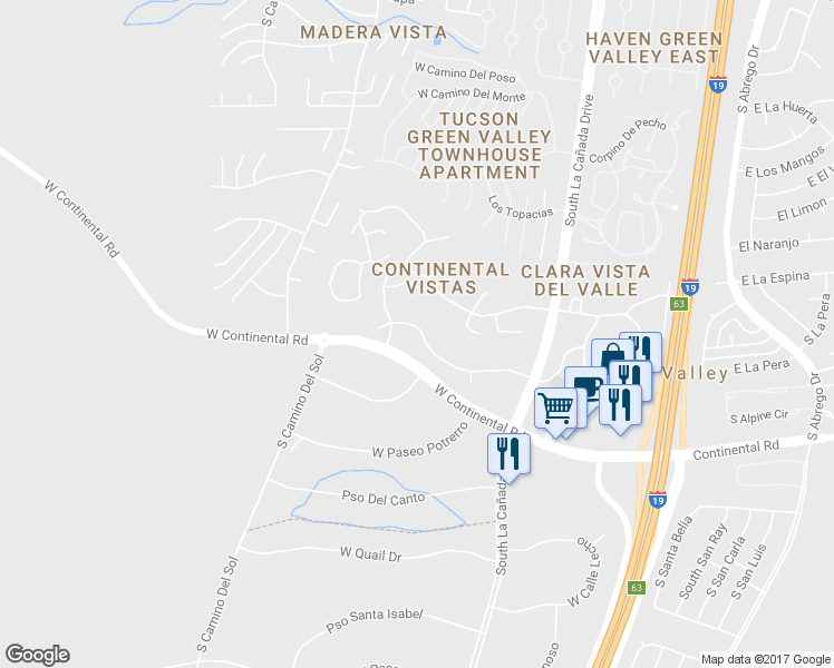 map of restaurants, bars, coffee shops, grocery stores, and more near 749 West Vista Hermosa Drive in Green Valley