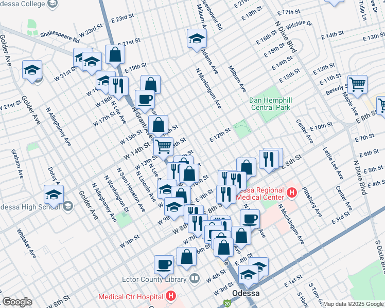 map of restaurants, bars, coffee shops, grocery stores, and more near 214 East 12th Street in Odessa