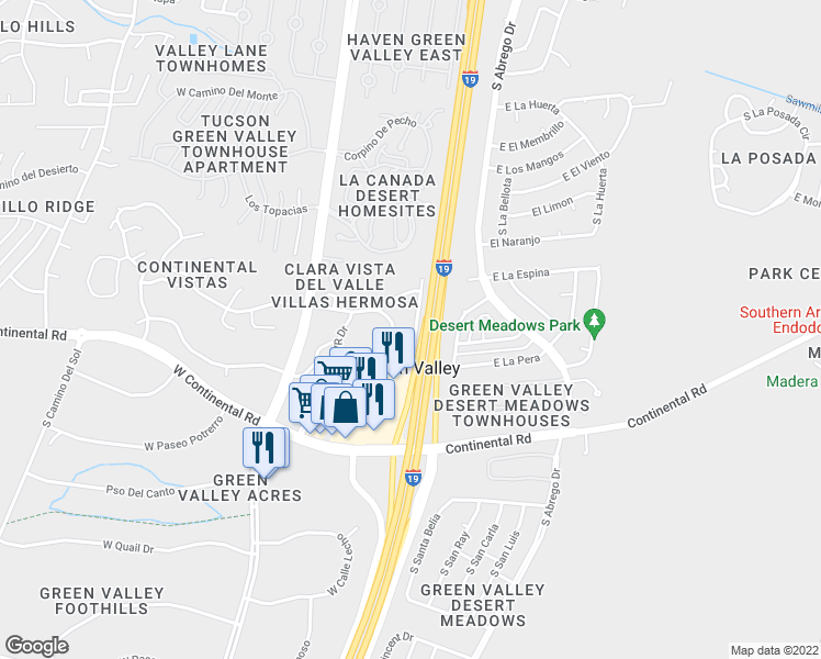 map of restaurants, bars, coffee shops, grocery stores, and more near 1040 Calle De La Temporada in Green Valley