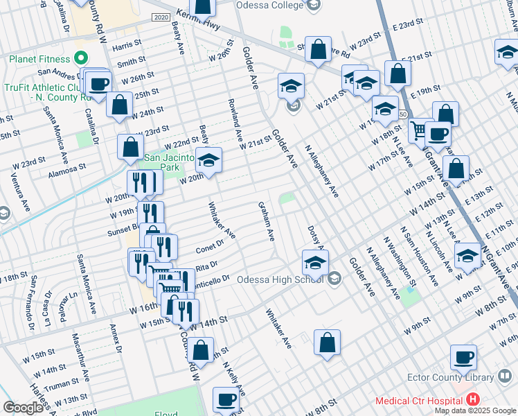 map of restaurants, bars, coffee shops, grocery stores, and more near 1711 Graham Avenue in Odessa