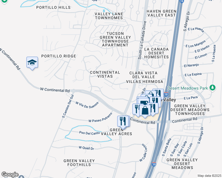 map of restaurants, bars, coffee shops, grocery stores, and more near 665 West Redondo Place in Green Valley