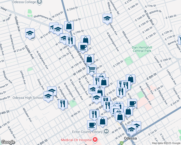 map of restaurants, bars, coffee shops, grocery stores, and more near 100 West 13th Street in Odessa
