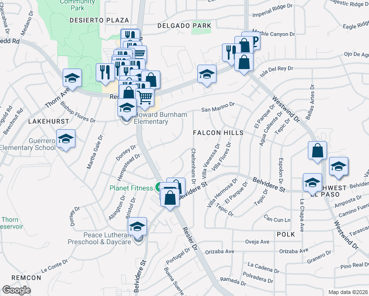 map of restaurants, bars, coffee shops, grocery stores, and more near 7209 Rochester Drive in El Paso