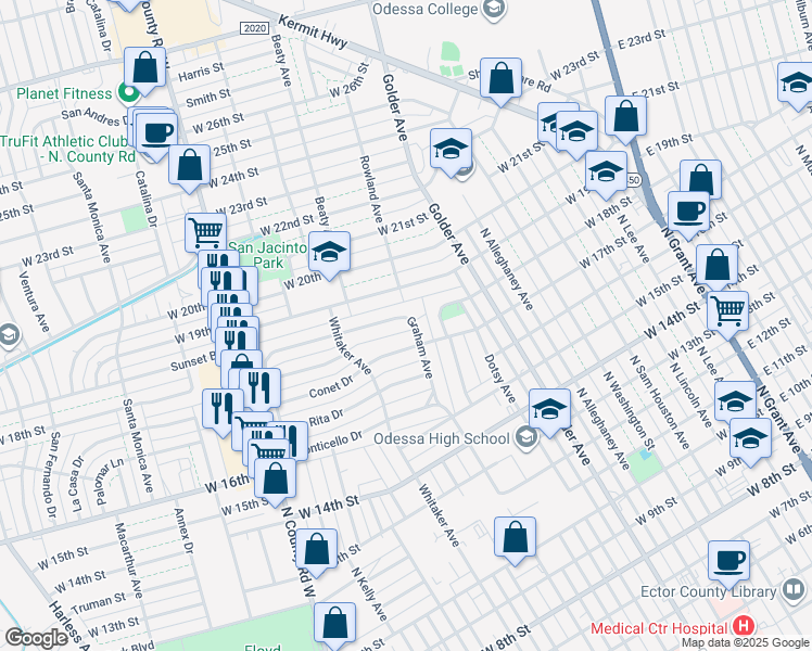 map of restaurants, bars, coffee shops, grocery stores, and more near 1711 Graham Avenue in Odessa