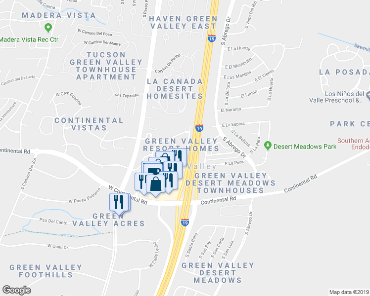 map of restaurants, bars, coffee shops, grocery stores, and more near 1049 South Calle De Las Casitas in Green Valley