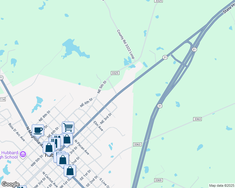 map of restaurants, bars, coffee shops, grocery stores, and more near 1019 Northeast 4th Street in Hubbard