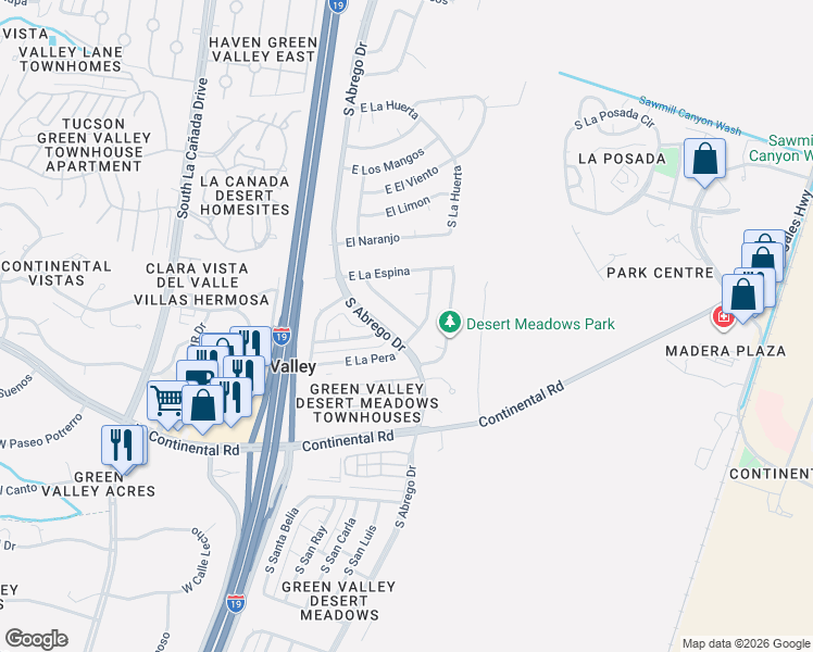 map of restaurants, bars, coffee shops, grocery stores, and more near 998 South La Bellota in Green Valley