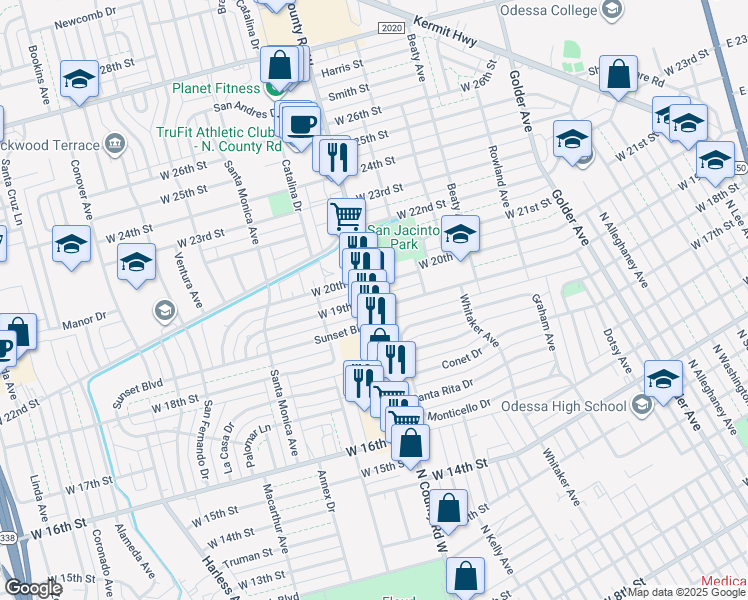 map of restaurants, bars, coffee shops, grocery stores, and more near 1301 West 19th Street in Odessa