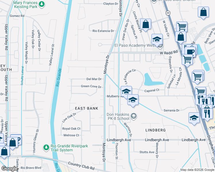 map of restaurants, bars, coffee shops, grocery stores, and more near 5412 East River Lane in El Paso