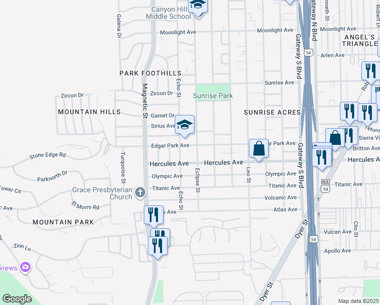 map of restaurants, bars, coffee shops, grocery stores, and more near 3622 Edgar Park Avenue in El Paso