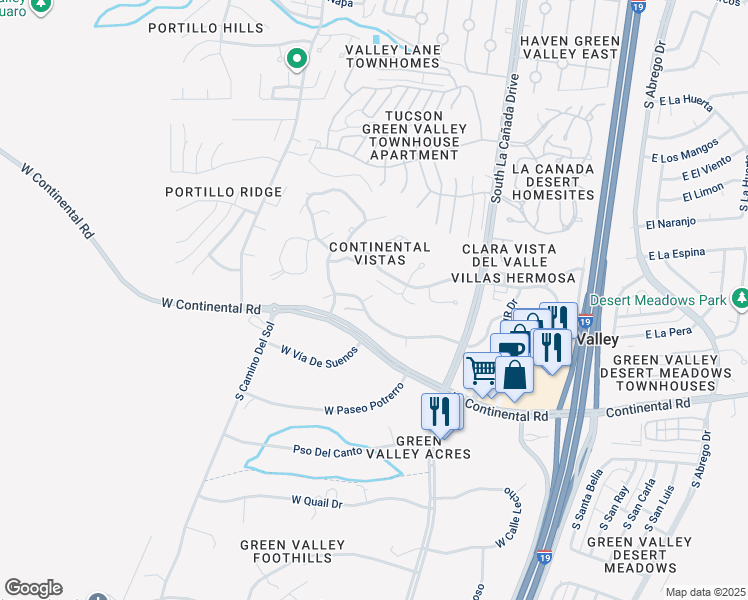 map of restaurants, bars, coffee shops, grocery stores, and more near 749 West Vista Hermosa Drive in Green Valley