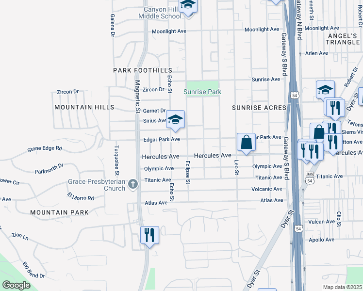 map of restaurants, bars, coffee shops, grocery stores, and more near 3622 Edgar Park Avenue in El Paso