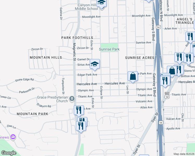 map of restaurants, bars, coffee shops, grocery stores, and more near 3622 Edgar Park Avenue in El Paso