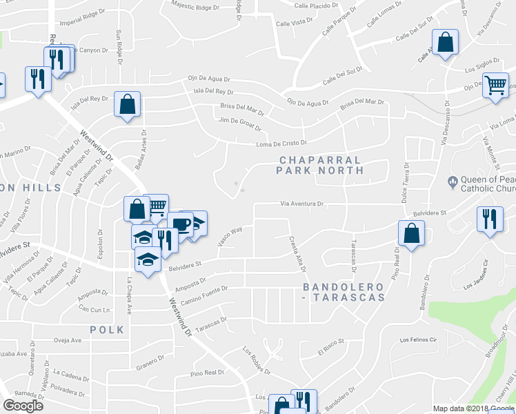 map of restaurants, bars, coffee shops, grocery stores, and more near 6429 Via Aventura Drive in El Paso