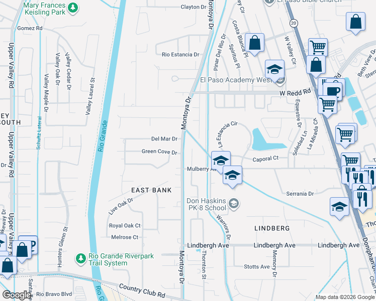 map of restaurants, bars, coffee shops, grocery stores, and more near 5412 East River Lane in El Paso