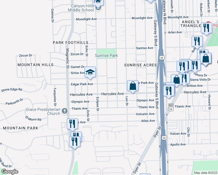 map of restaurants, bars, coffee shops, grocery stores, and more near 8309 Comet Street in El Paso