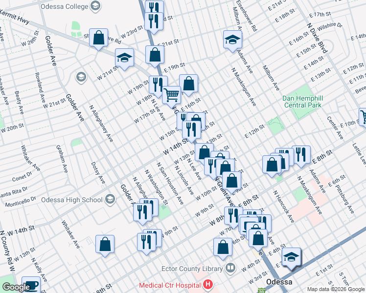 map of restaurants, bars, coffee shops, grocery stores, and more near 1313 N Lee Ave in Odessa