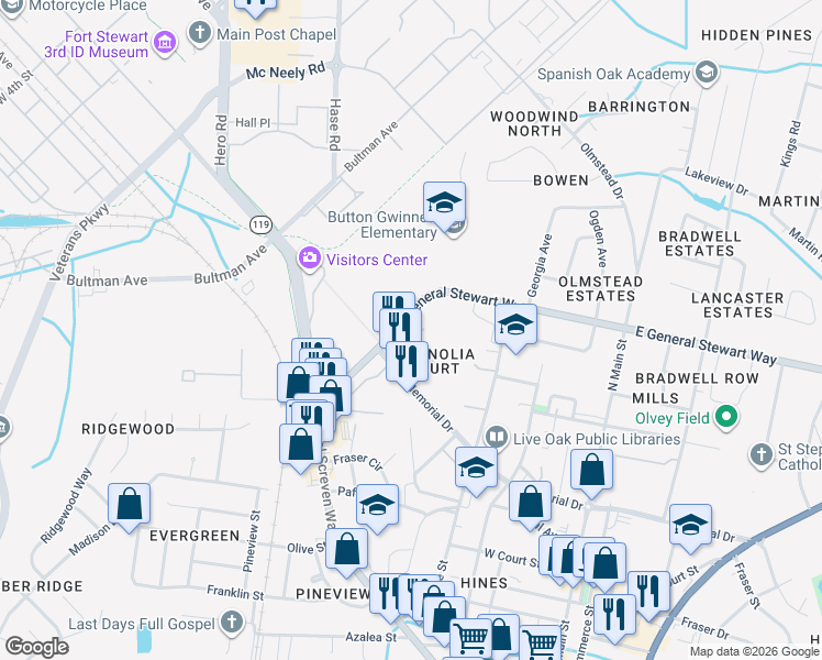 map of restaurants, bars, coffee shops, grocery stores, and more near 106 Magnolia Plantation Court in Hinesville