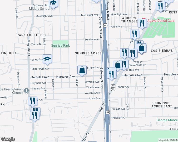 map of restaurants, bars, coffee shops, grocery stores, and more near 4125 Hercules Avenue in El Paso