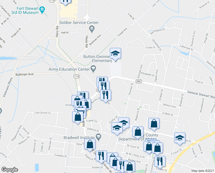 map of restaurants, bars, coffee shops, grocery stores, and more near 106 Magnolia Plantation Court in Hinesville