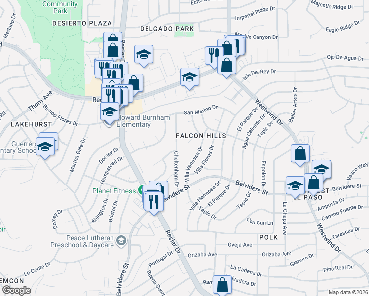 map of restaurants, bars, coffee shops, grocery stores, and more near 700 Patio Feliz Lane in El Paso