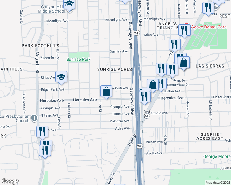 map of restaurants, bars, coffee shops, grocery stores, and more near 4125 Hercules Avenue in El Paso