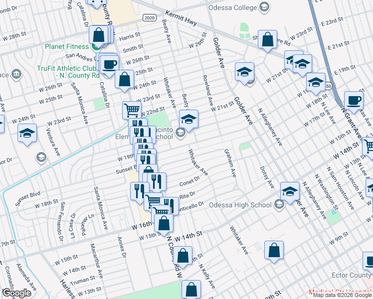 map of restaurants, bars, coffee shops, grocery stores, and more near 126 Casa Grande Drive in Odessa