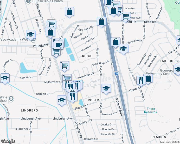 map of restaurants, bars, coffee shops, grocery stores, and more near 5492 Fire Ridge Circle in El Paso