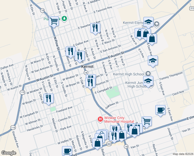 map of restaurants, bars, coffee shops, grocery stores, and more near 318 South Ash Street in Kermit