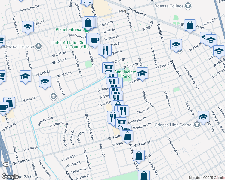 map of restaurants, bars, coffee shops, grocery stores, and more near 1301-1311 West 19th Street in Odessa