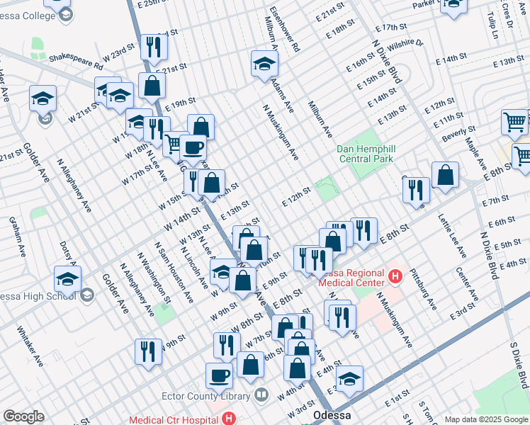 map of restaurants, bars, coffee shops, grocery stores, and more near 214 East 12th Street in Odessa