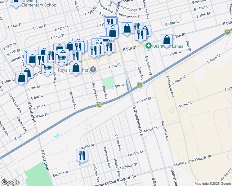 map of restaurants, bars, coffee shops, grocery stores, and more near 1801 East Business loop 20 in Odessa