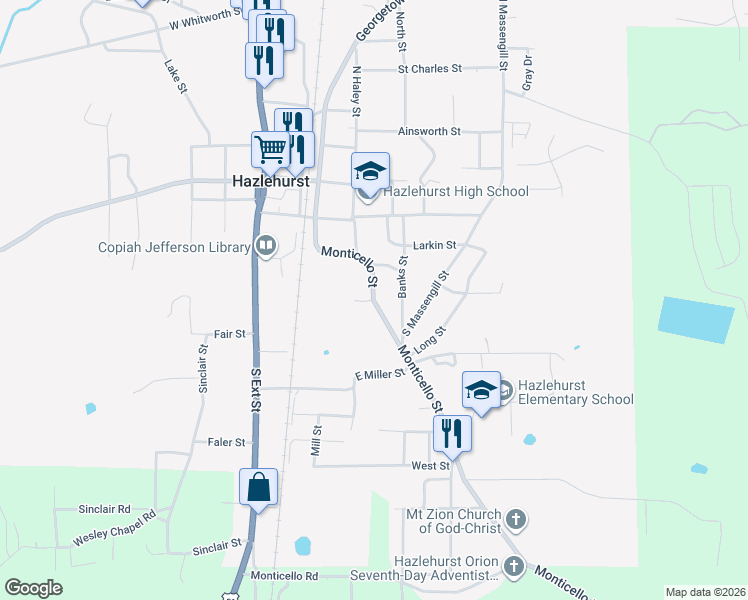 map of restaurants, bars, coffee shops, grocery stores, and more near 309 Monticello Street in Hazlehurst