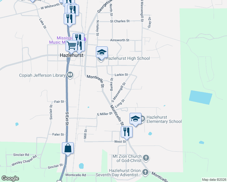 map of restaurants, bars, coffee shops, grocery stores, and more near 217 Banks Street in Hazlehurst