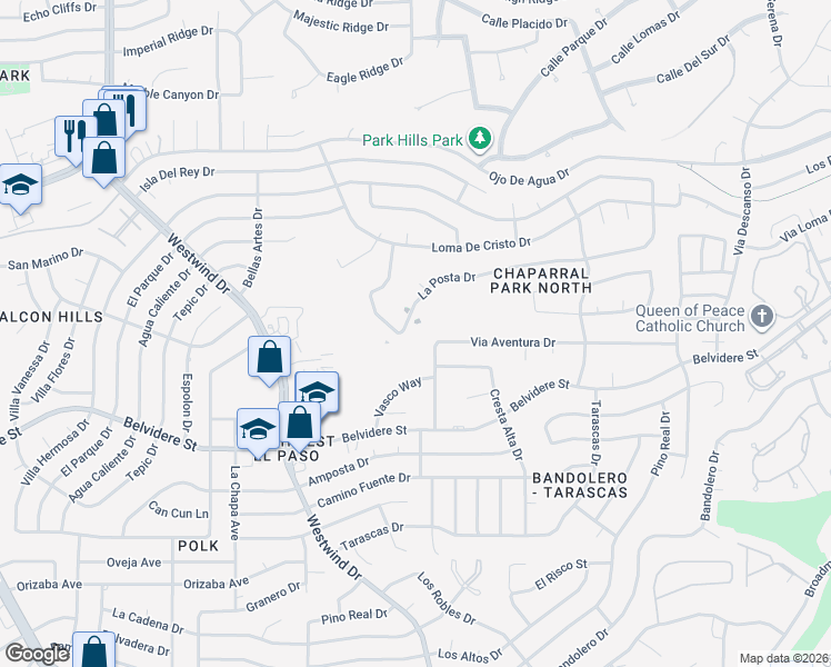 map of restaurants, bars, coffee shops, grocery stores, and more near 6429 Via Aventura Drive in El Paso