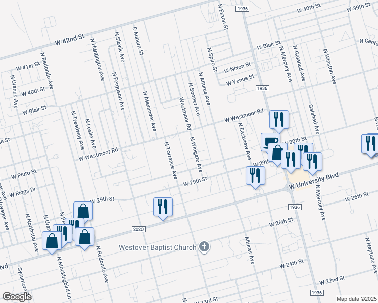 map of restaurants, bars, coffee shops, grocery stores, and more near 2959 North Wingate Avenue in Odessa