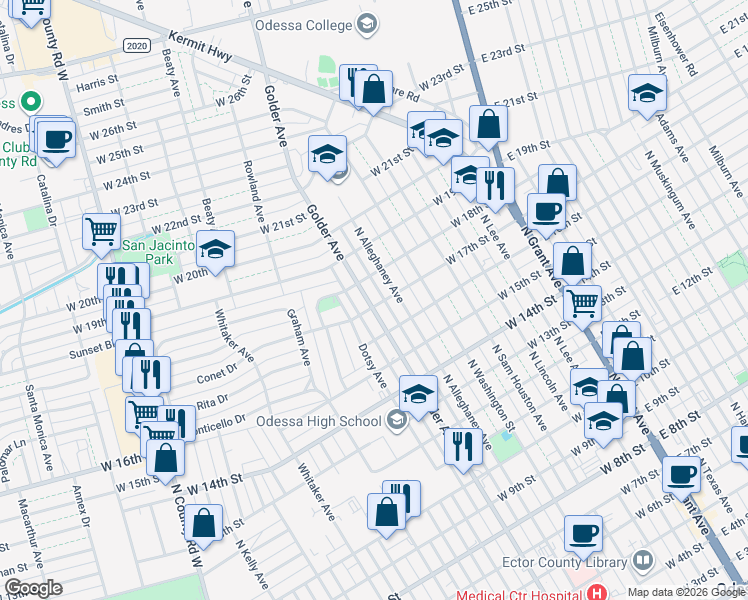 map of restaurants, bars, coffee shops, grocery stores, and more near 759-799 W 17th St in Odessa