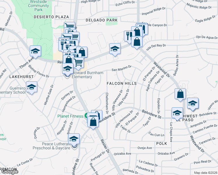 map of restaurants, bars, coffee shops, grocery stores, and more near 700 Patio Feliz Lane in El Paso