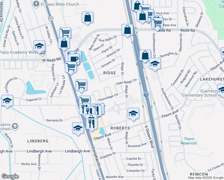 map of restaurants, bars, coffee shops, grocery stores, and more near 5449 Gate Ridge Circle in El Paso